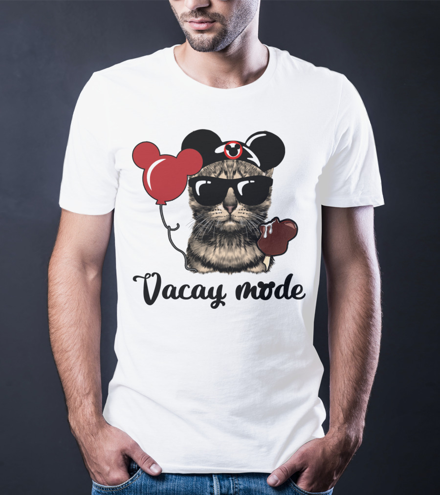 Vacay Mode Cat With Mouse Ears, Balloon, Sunglasses, Chocolate For Fans T-Shirt