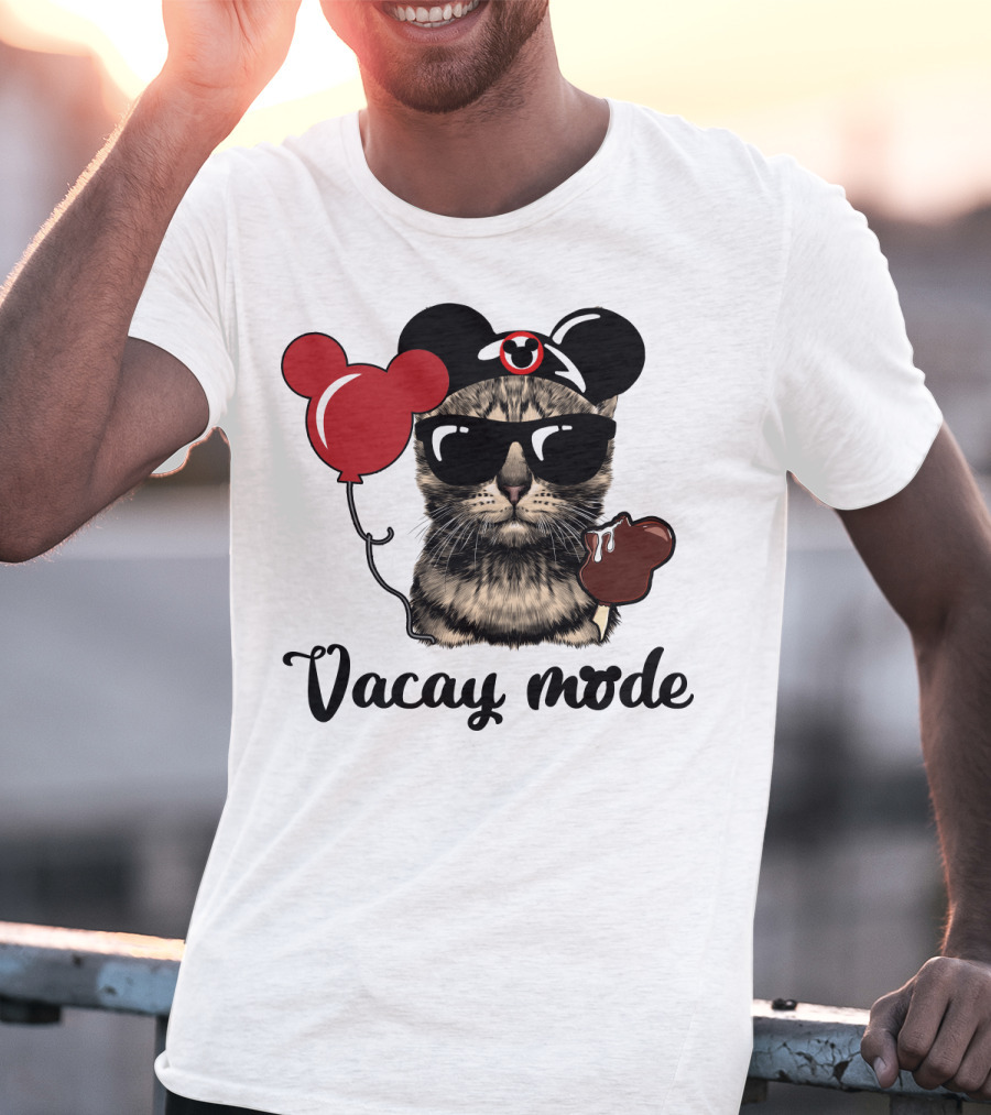 Vacay Mode Cat With Mouse Ears, Balloon, Sunglasses, Chocolate For Fans T-Shirt