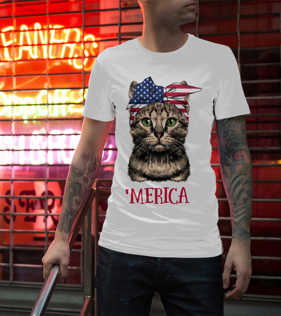 Cat With American Flag Bandana 'Merica T-Shirt