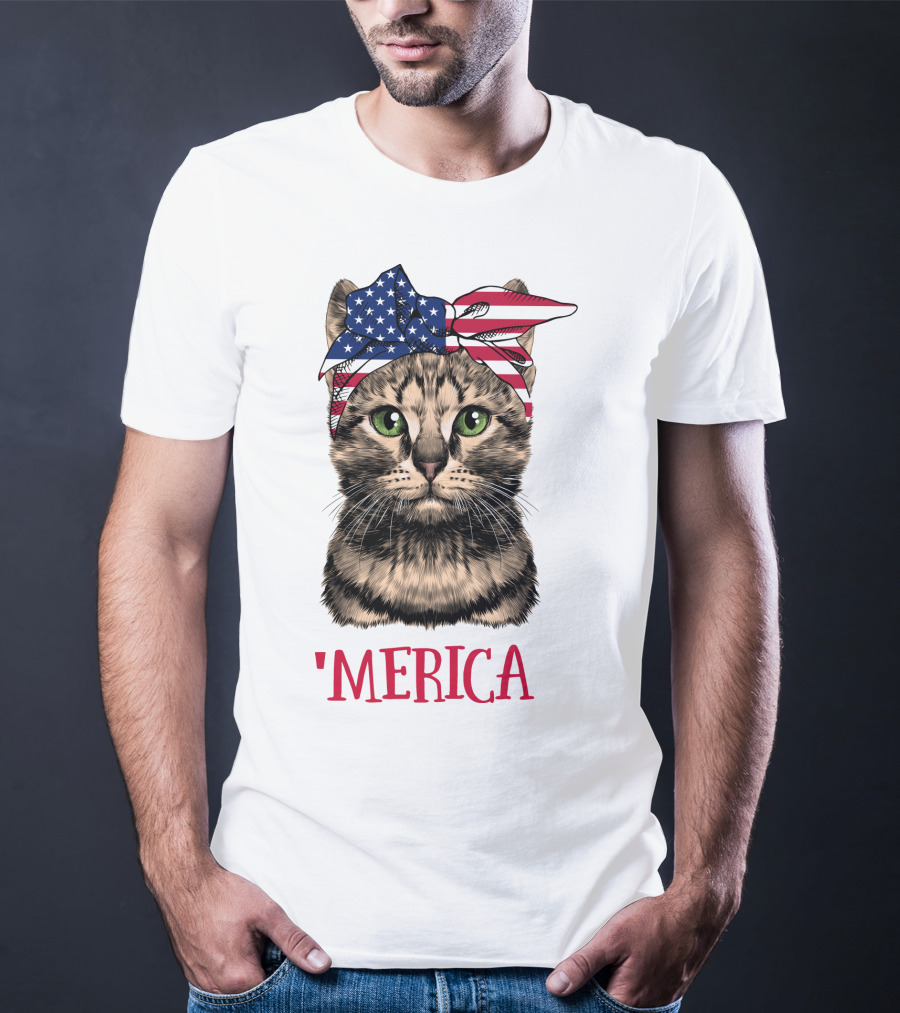 Cat With American Flag Bandana 'Merica T-Shirt