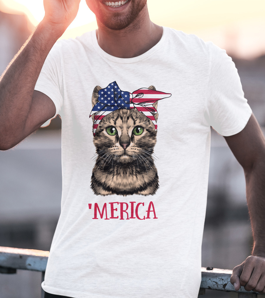 Cat With American Flag Bandana 'Merica T-Shirt