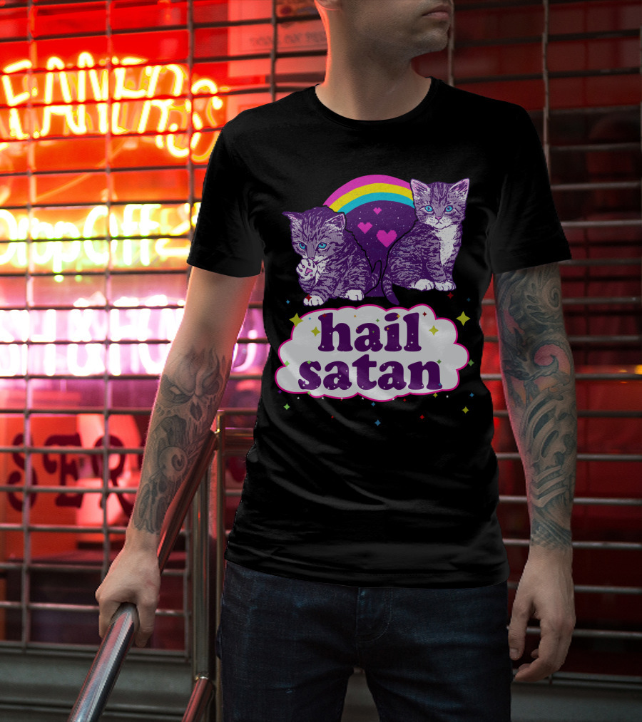 Hail Satan Cats With Rainbow And Hearts T-Shirt