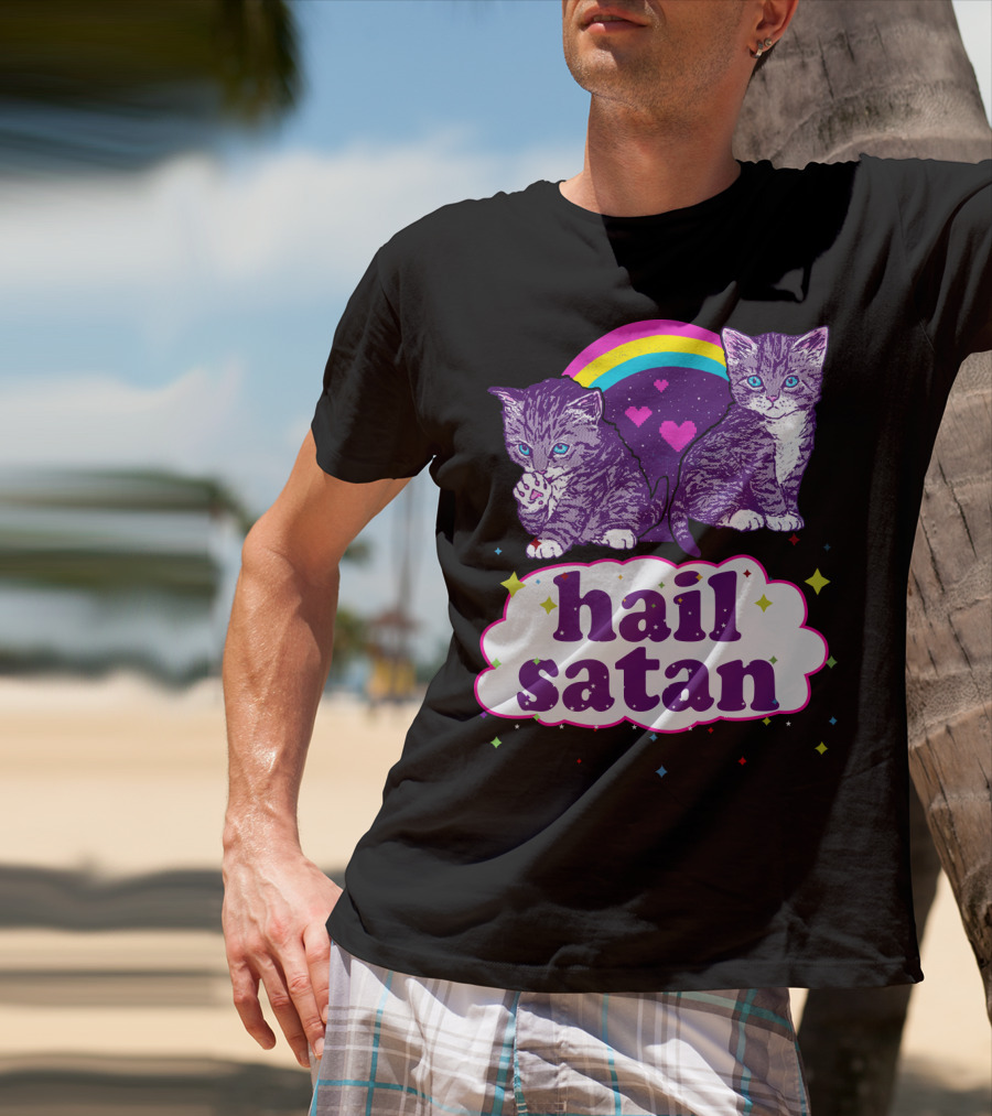 Hail Satan Cats With Rainbow And Hearts T-Shirt