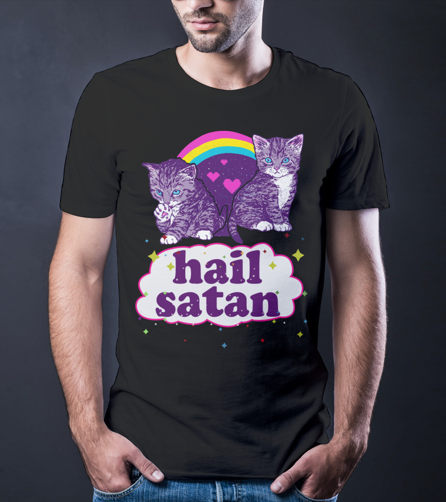 Hail Satan Cats With Rainbow And Hearts T-Shirt