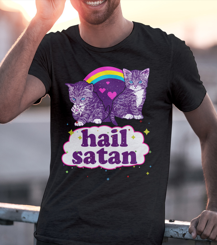 Hail Satan Cats With Rainbow And Hearts T-Shirt