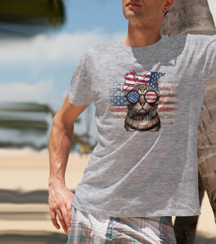 Cat American Flag Glasses Bandana T-Shirt