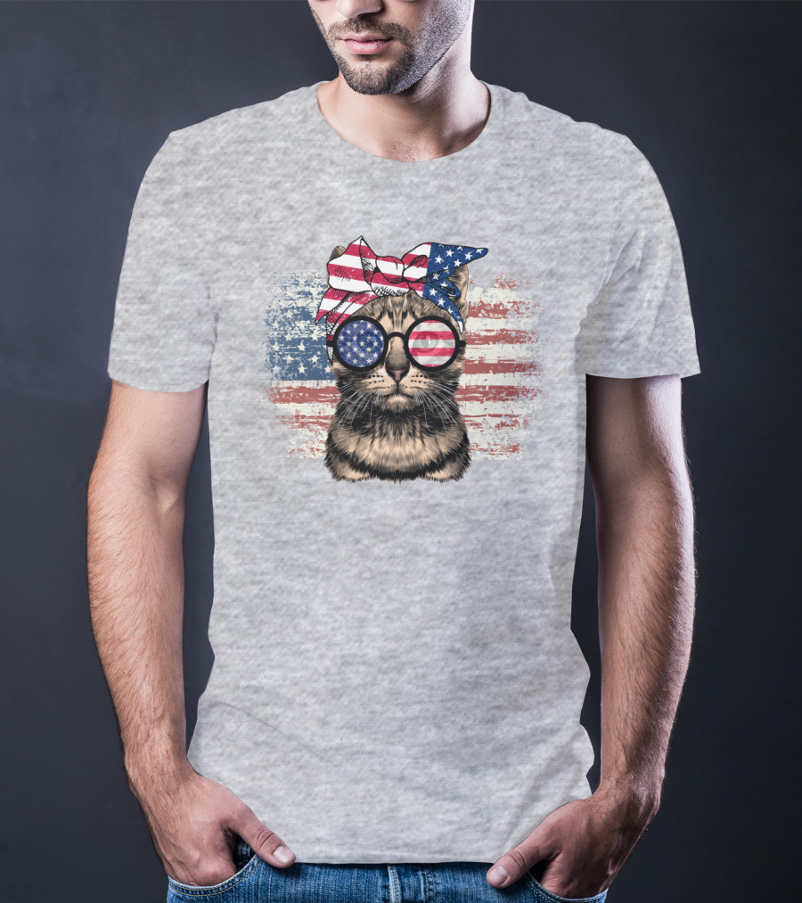 Cat American Flag Glasses Bandana T-Shirt