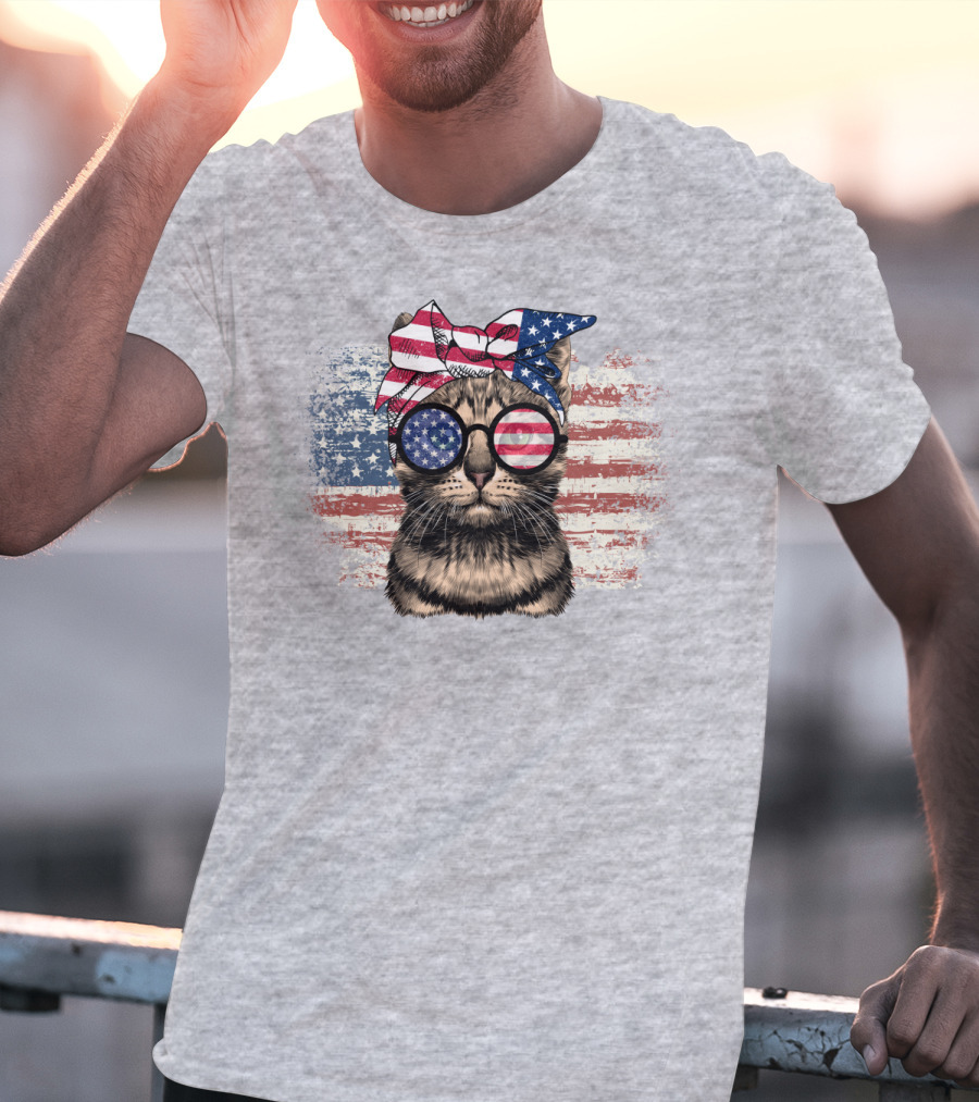 Cat American Flag Glasses Bandana T-Shirt