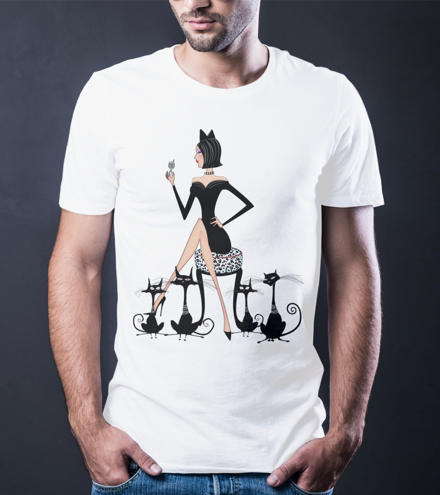 Stylish Cat Lady With Elegant Black Cats And Wine T-Shirt