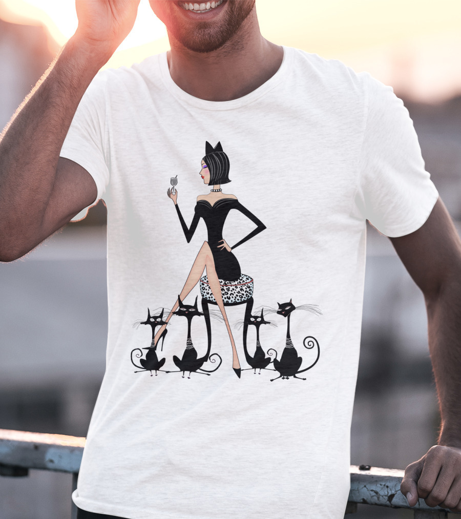 Stylish Cat Lady With Elegant Black Cats And Wine T-Shirt