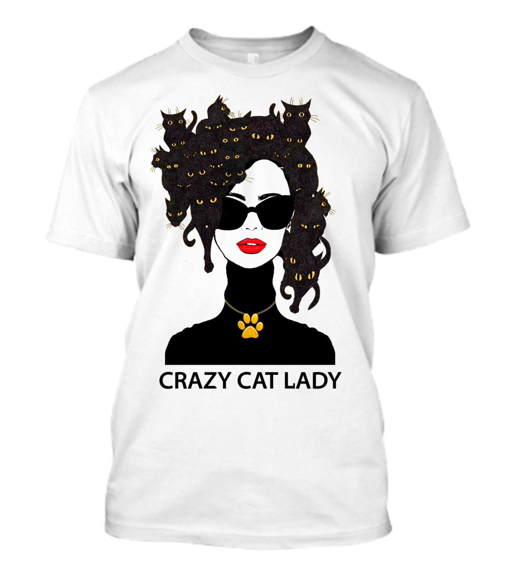 CRAZY CAT LADY Cat Afro Sunglasses Red Lips Golden Paw Necklace T-Shirt