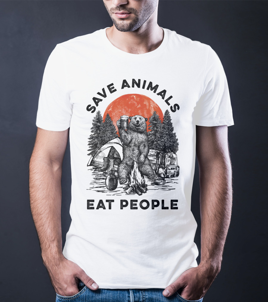 Save Animals Eat People Camping Bear Campfire Scene T-Shirt