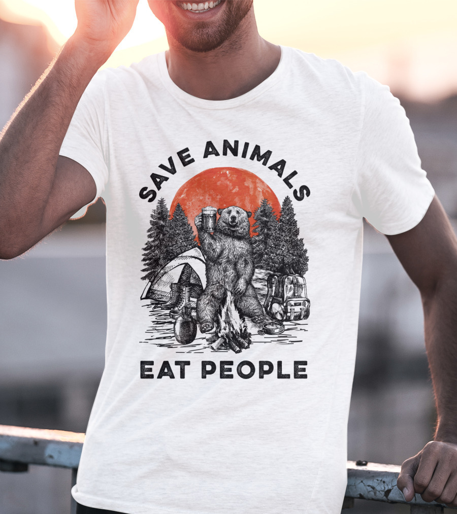 Save Animals Eat People Camping Bear Campfire Scene T-Shirt