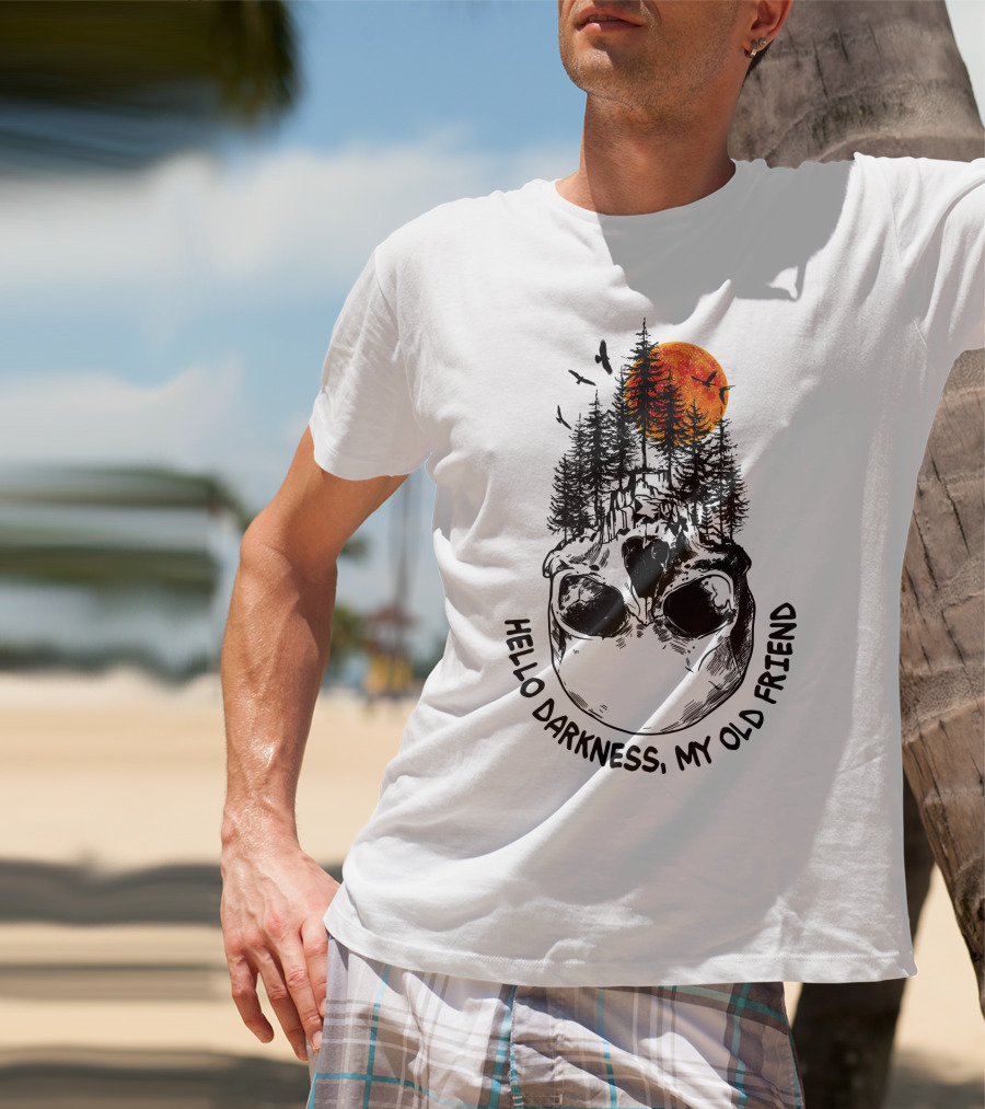 Hello Darkness My Old Friend Skull Forest Red Moon Birds Camping T-Shirt