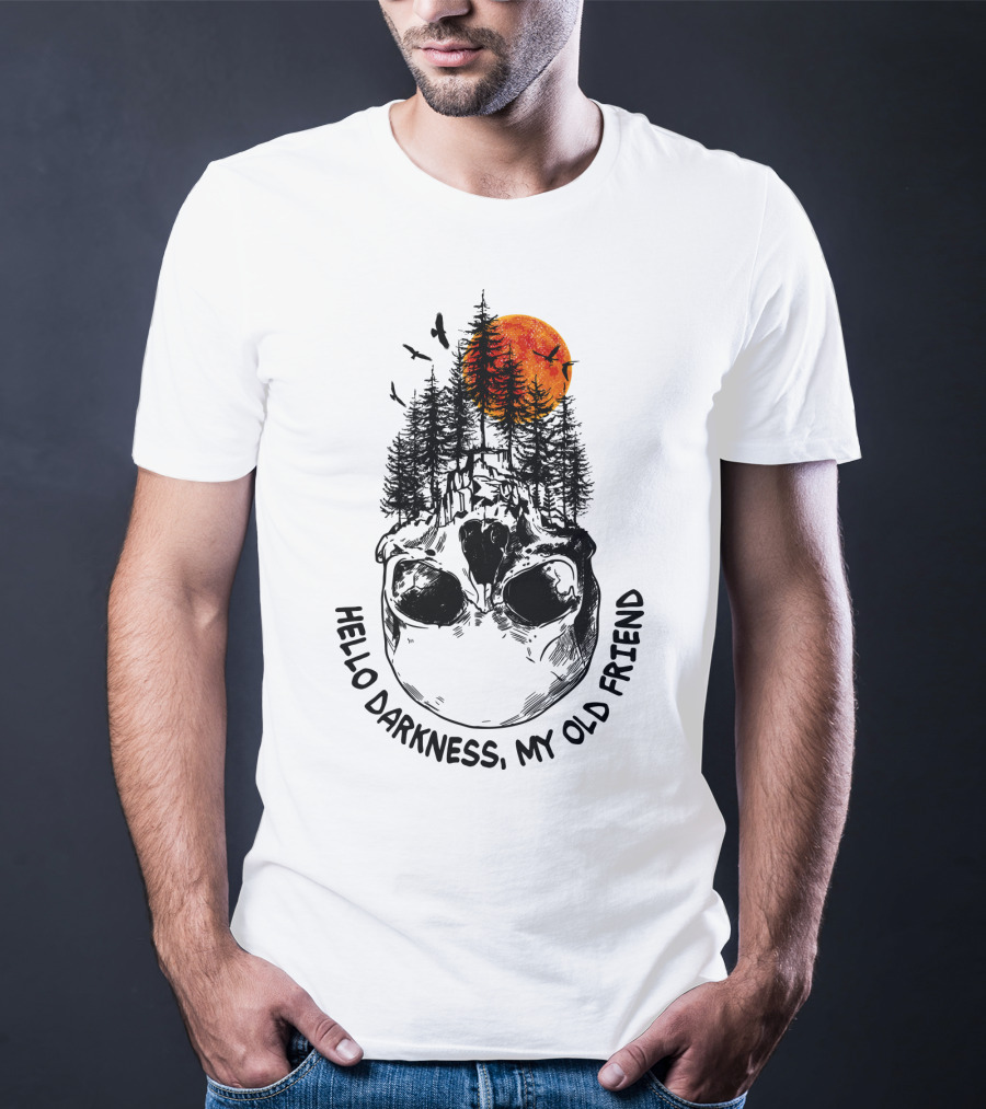 Hello Darkness My Old Friend Skull Forest Red Moon Birds Camping T-Shirt