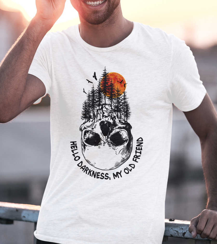 Hello Darkness My Old Friend Skull Forest Red Moon Birds Camping T-Shirt