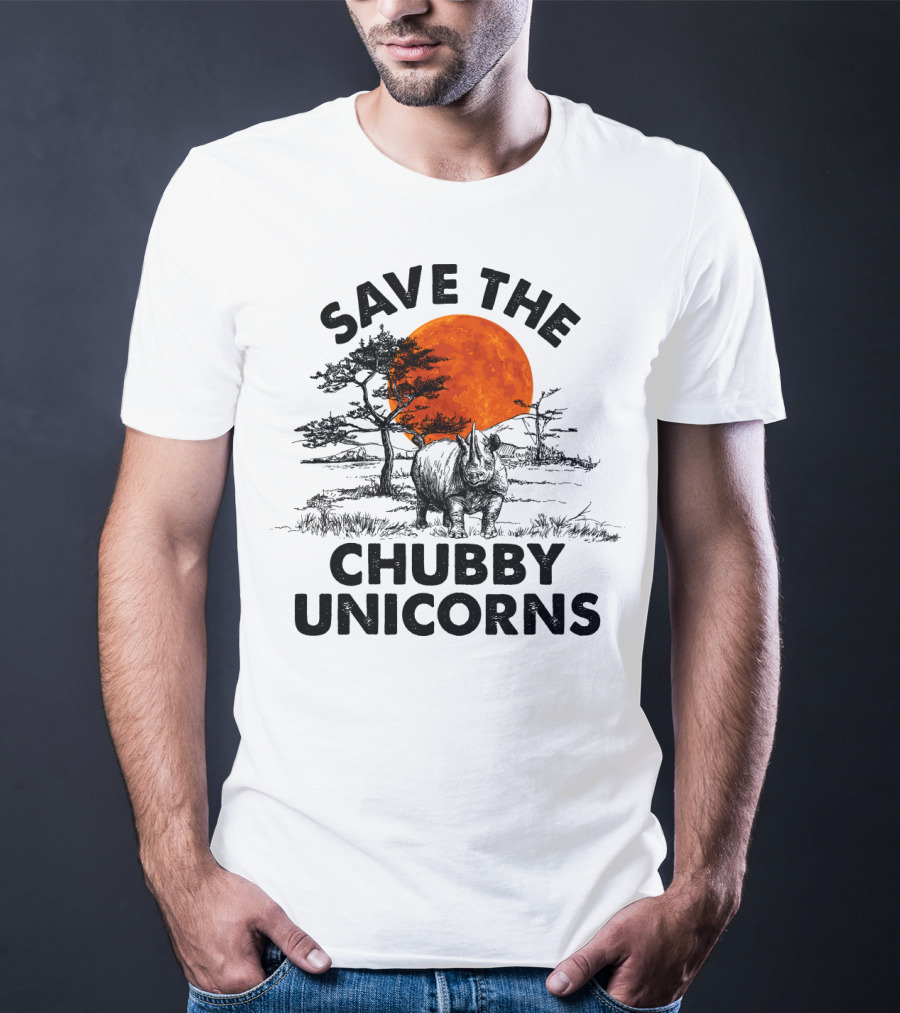 Save The Chubby Unicorns Rhino Conservation Sunset Scene T-Shirt