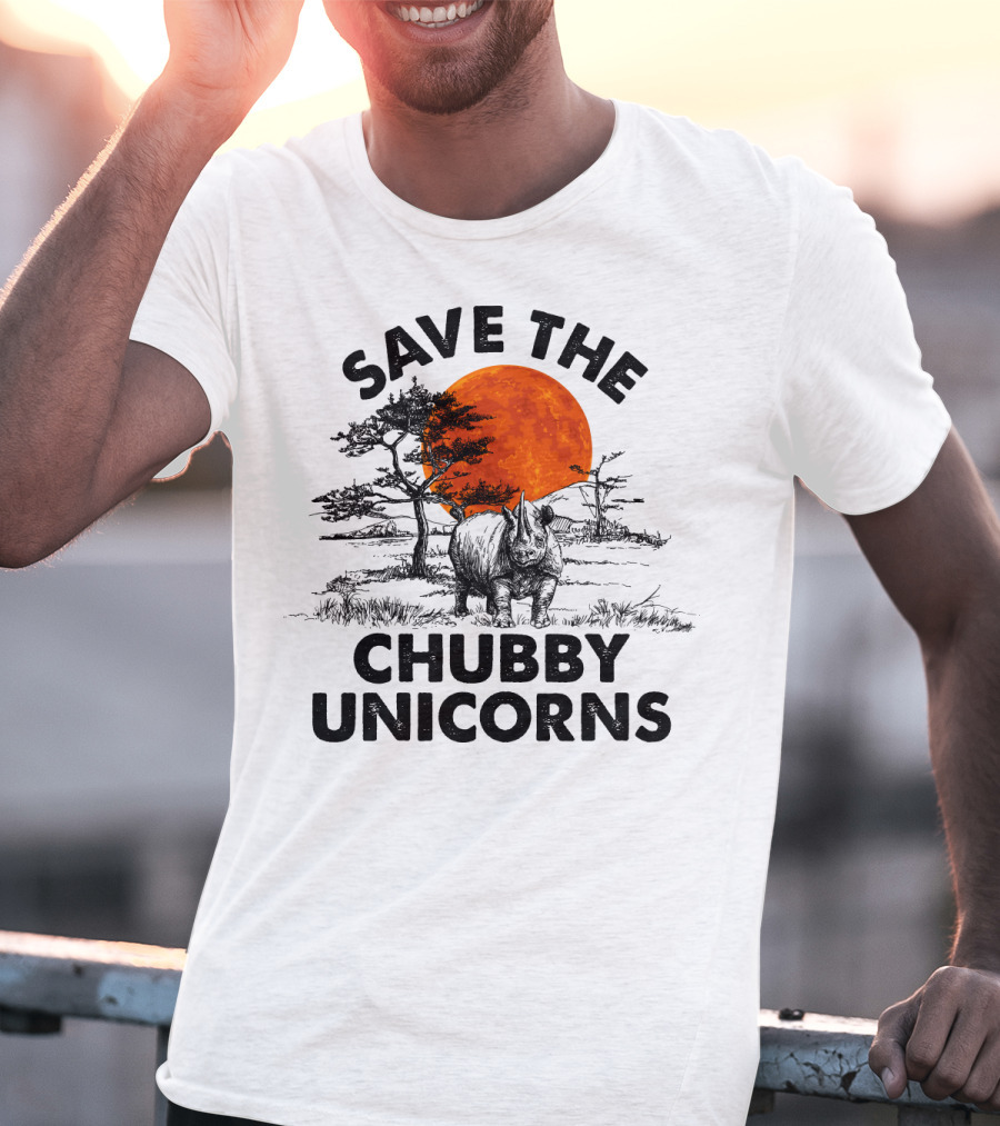 Save The Chubby Unicorns Rhino Conservation Sunset Scene T-Shirt