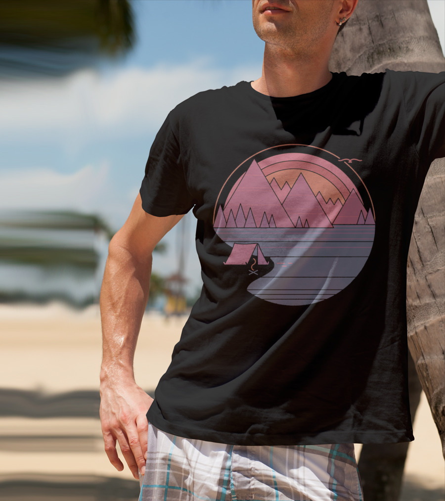 Camping Landscape With Mountains, Tent, Campfire, Sunset, And Bird In Circle T-Shirt