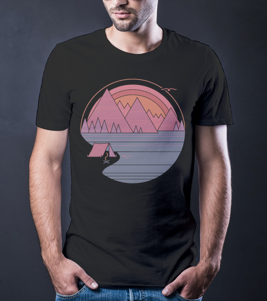 Camping Landscape With Mountains, Tent, Campfire, Sunset, And Bird In Circle T-Shirt
