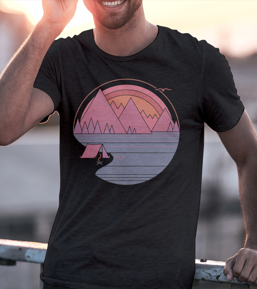 Camping Landscape With Mountains, Tent, Campfire, Sunset, And Bird In Circle T-Shirt