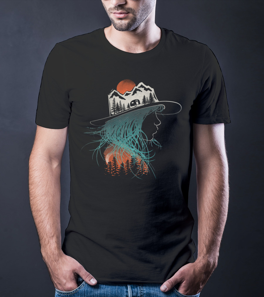 Camping Girl Mountain Hat Silhouette Forest Camper Scene T-Shirt