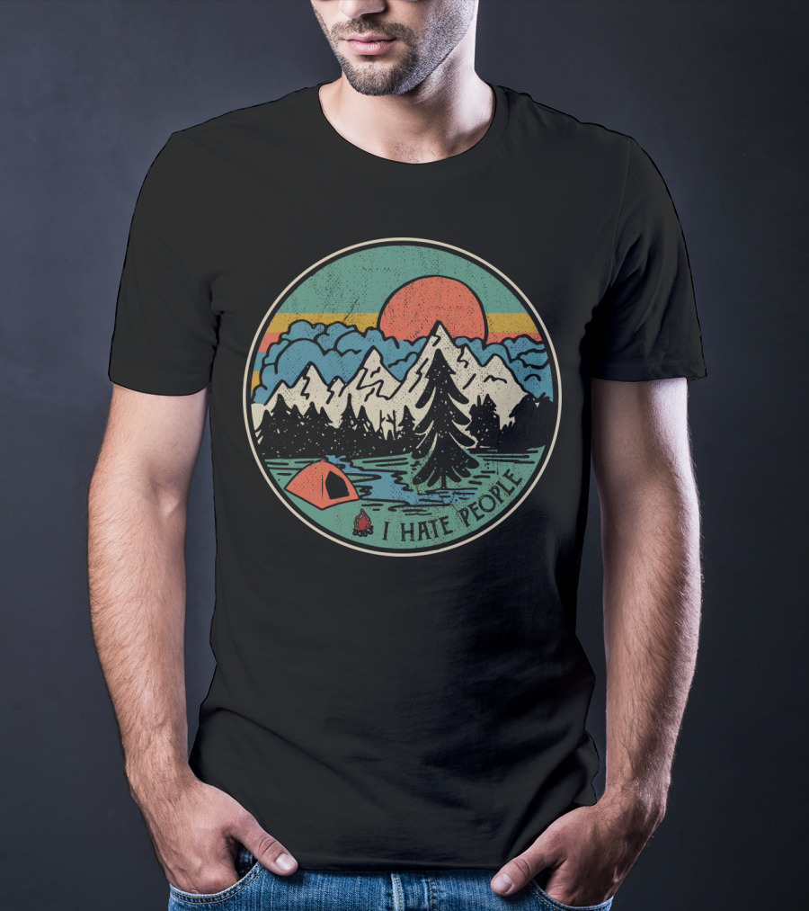I Hate People Camping Mountains Retro Sunset Tent T-Shirt