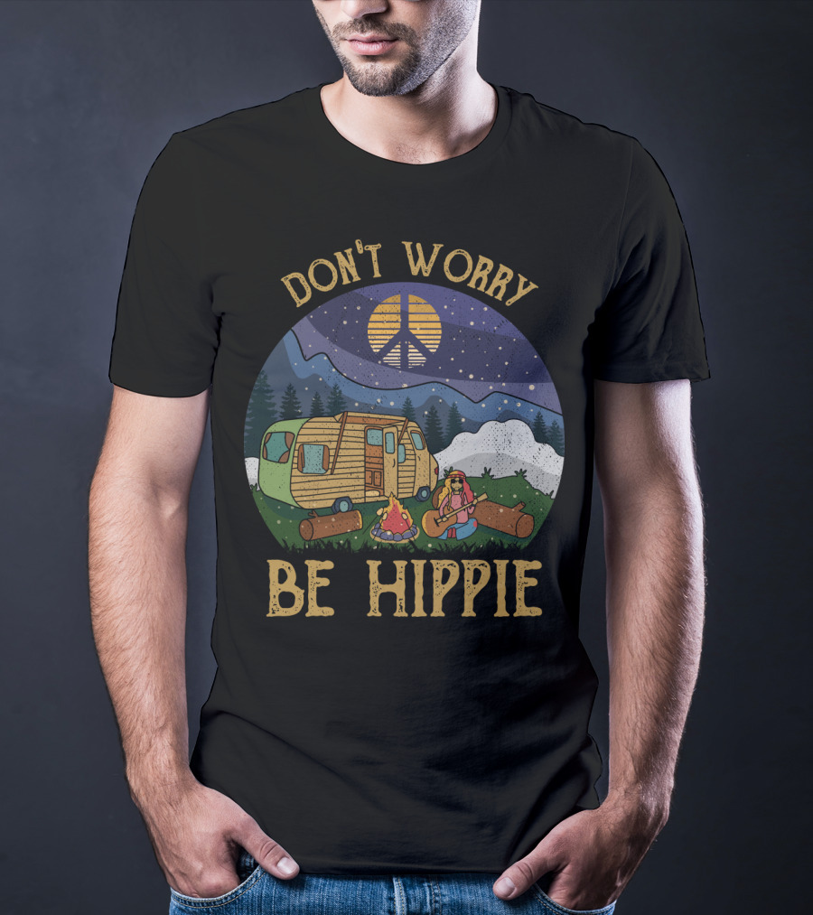 Don't Worry Be Hippie Camper Peace Sign Campfire Scene T-Shirt