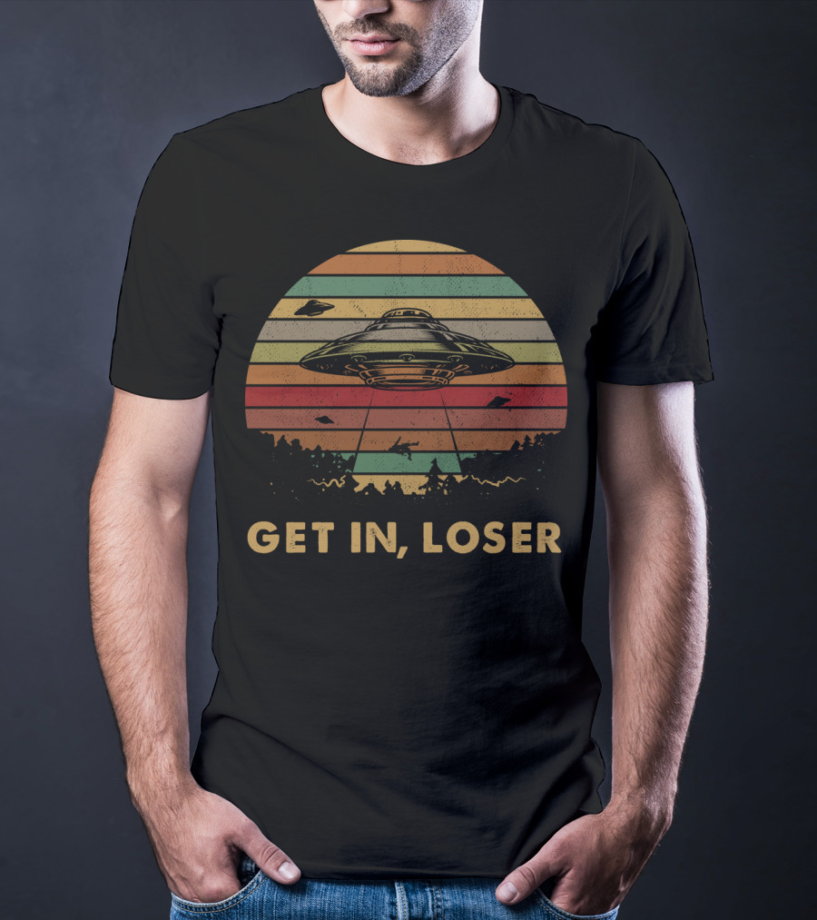 Get In Loser UFO Vintage Sunset Retro Stripes T-Shirt