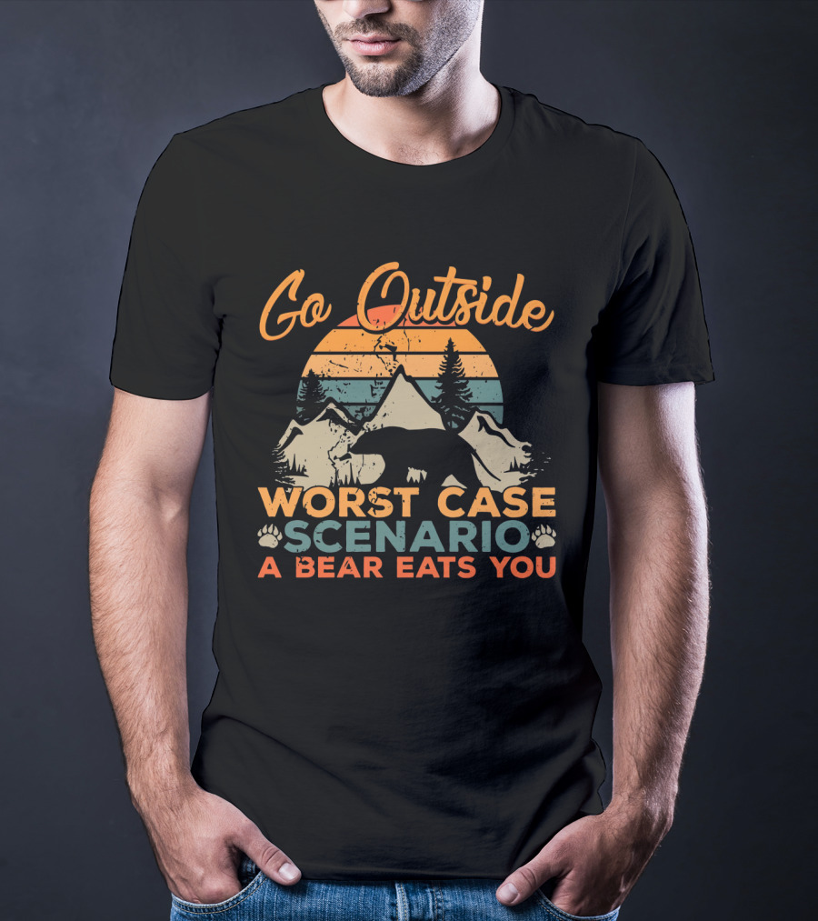 Go Outside Worst Case Scenario A Bear Eats You Retro Sunset Bear And Mountain T-Shirt