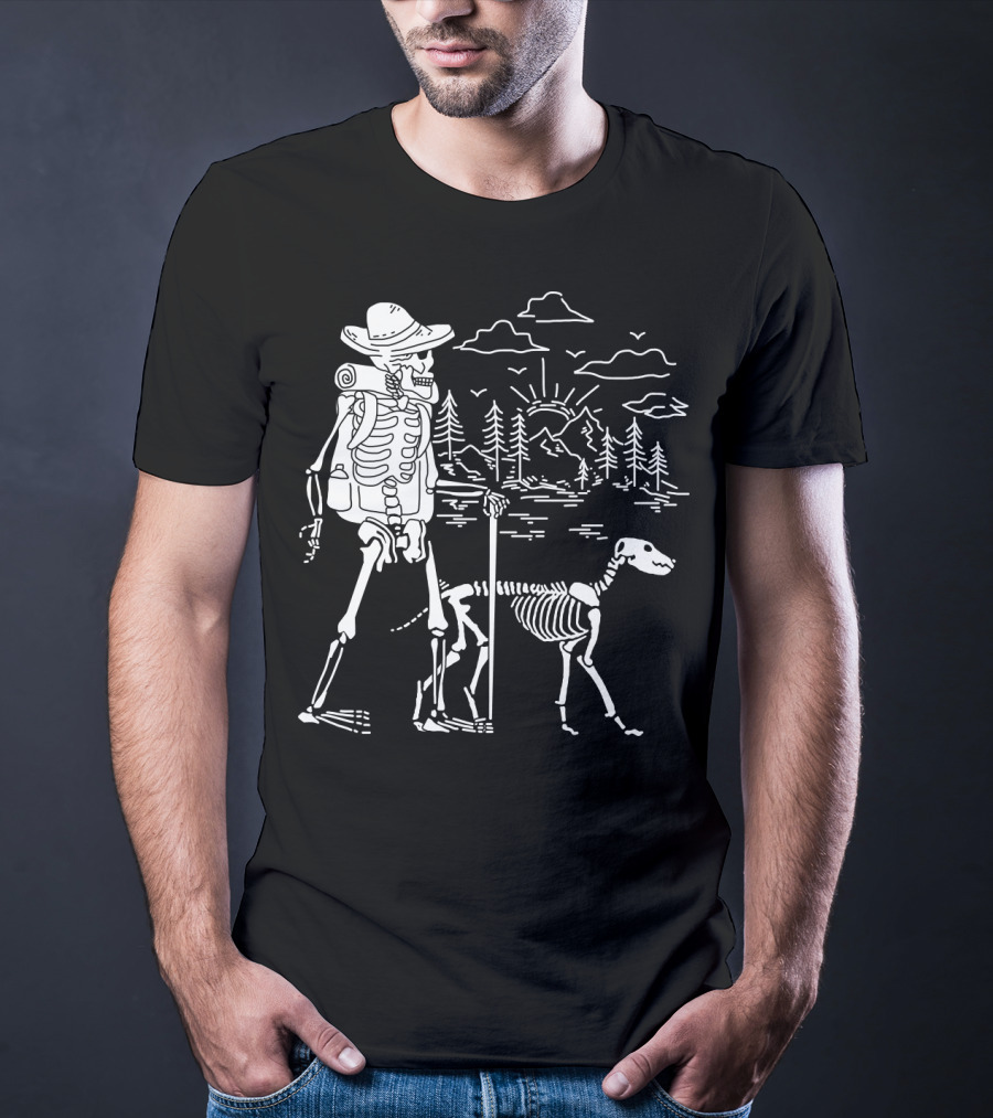 Hiking Skeleton With Skeleton Dog In Mountain Forest Scene T-Shirt