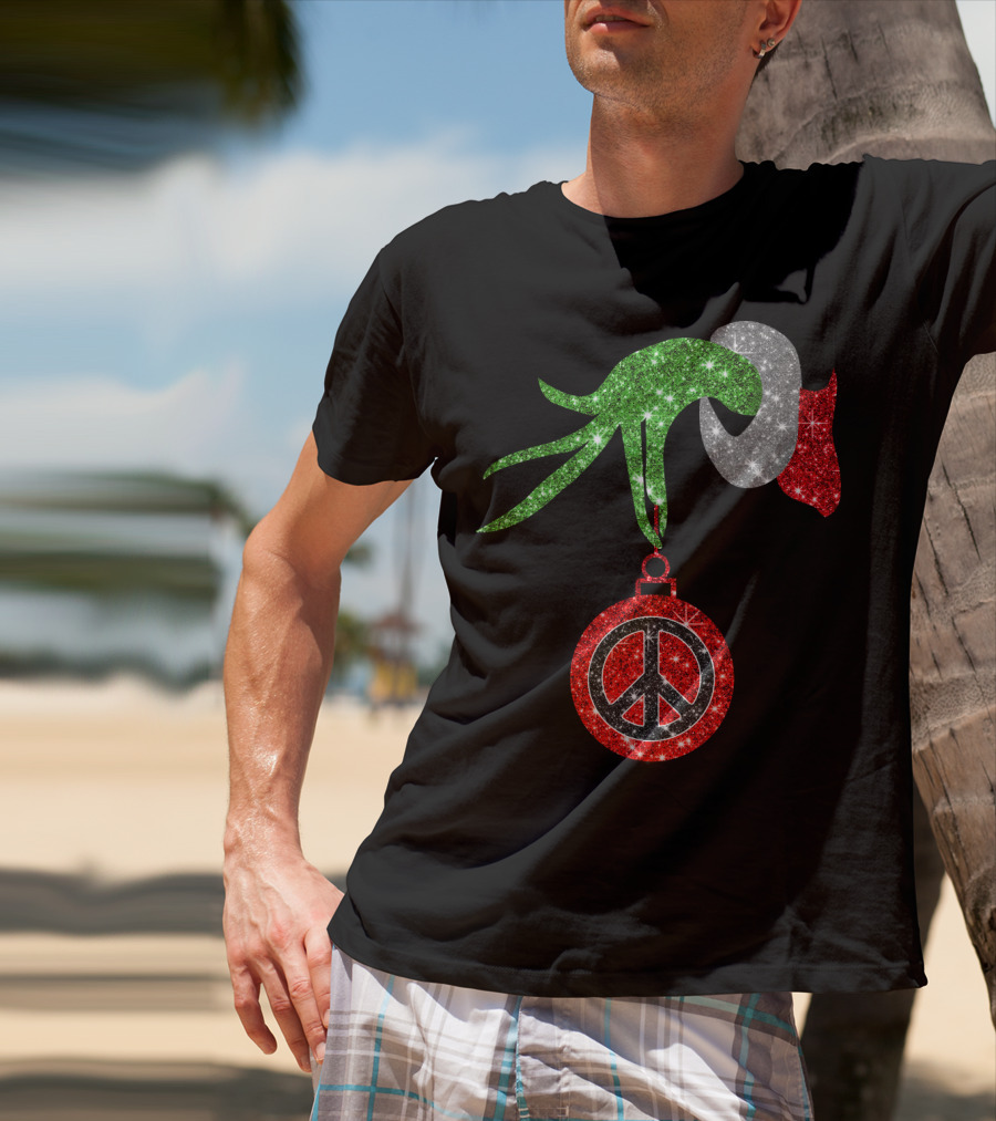 Grinch Hand Holding Peace Sign Ornament Christmas Hippie T-Shirt