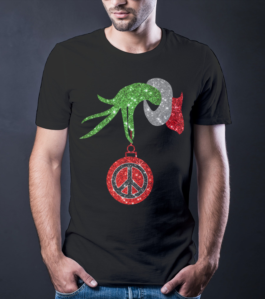 Grinch Hand Holding Peace Sign Ornament Christmas Hippie T-Shirt