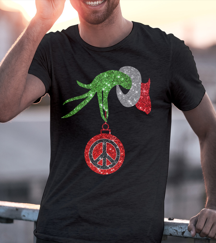 Grinch Hand Holding Peace Sign Ornament Christmas Hippie T-Shirt