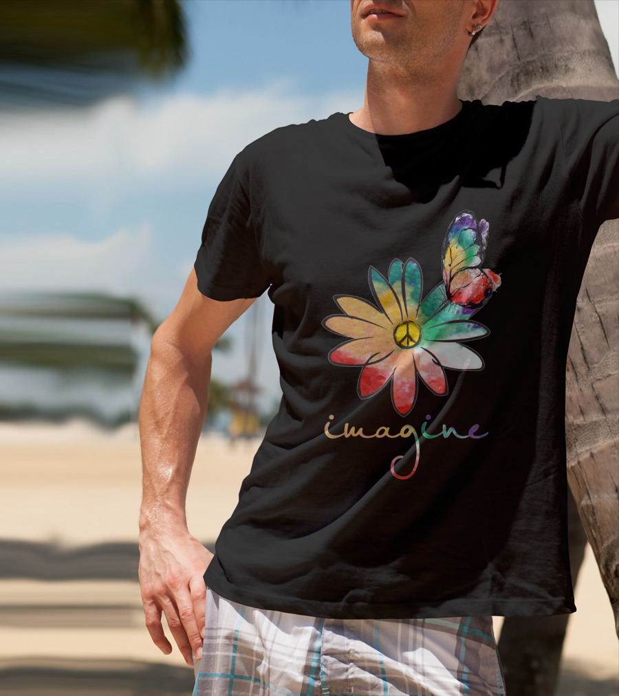 Imagine Peace Flower Hippie Butterfly T-Shirt