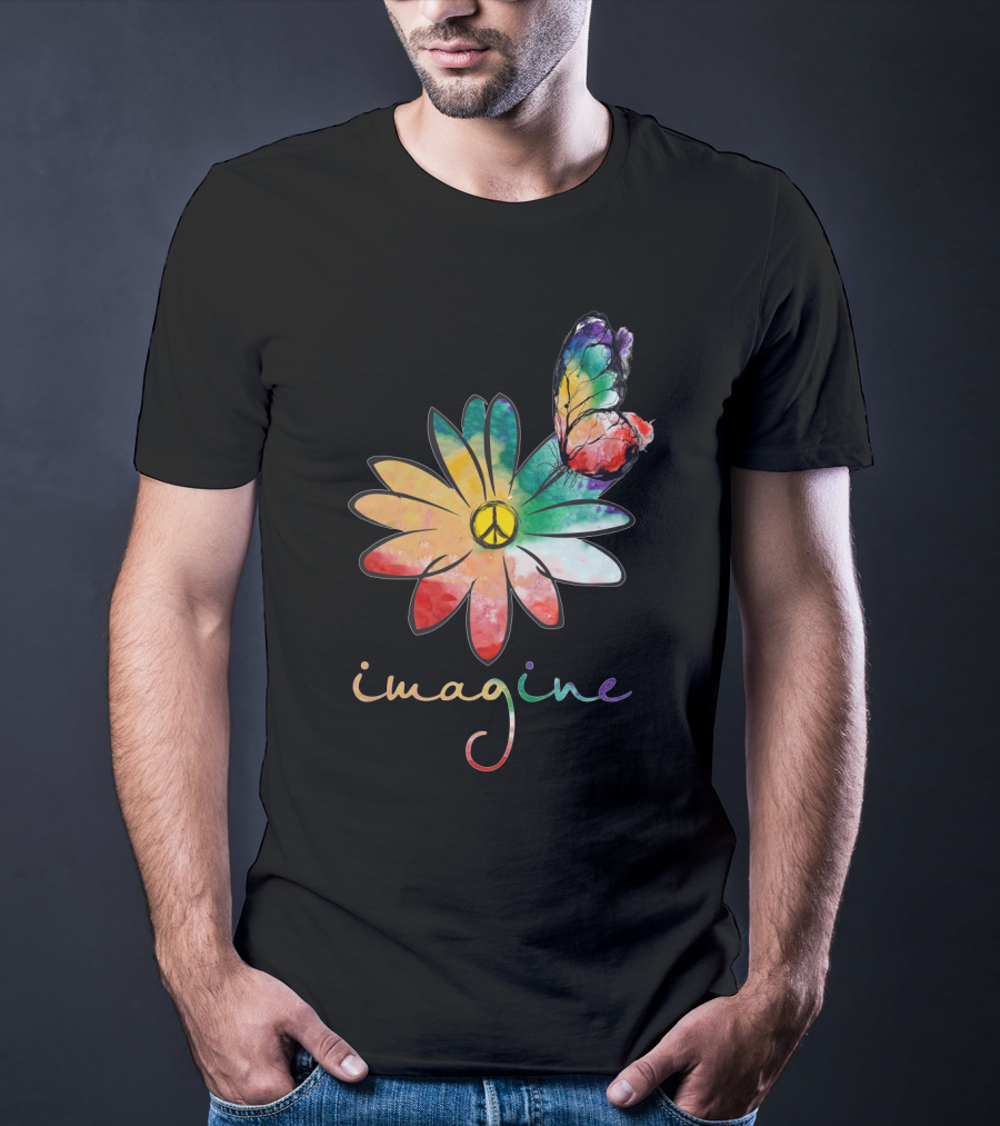 Imagine Peace Flower Hippie Butterfly T-Shirt