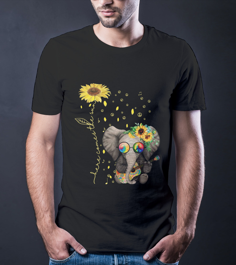 Here Comes The Sun Elephant With Sunflower And Peace Symbols T-Shirt