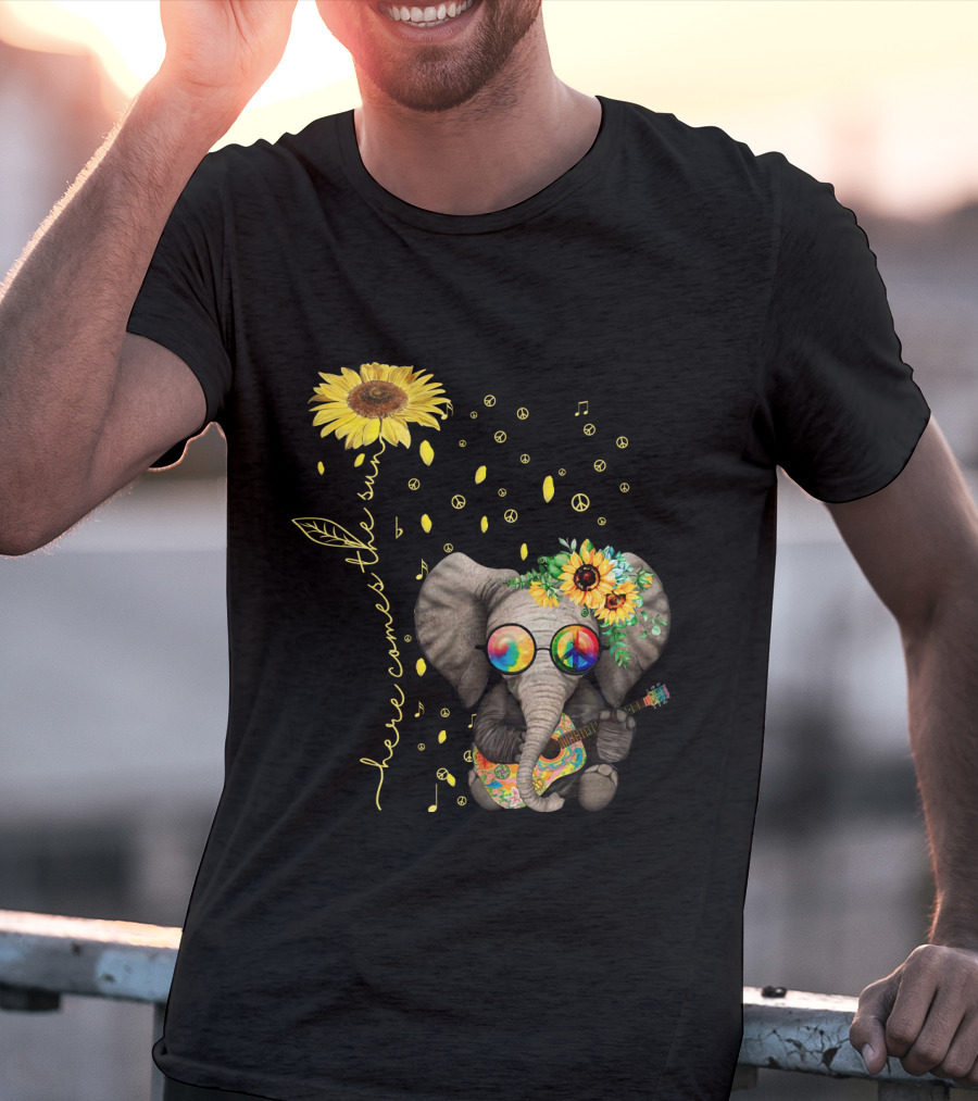 Here Comes The Sun Elephant With Sunflower And Peace Symbols T-Shirt