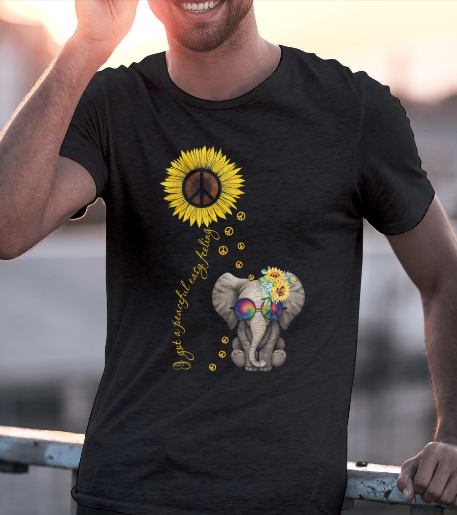 I Got A Peaceful Easy Feeling Elephant With Sunflower And Peace Symbols T-Shirt