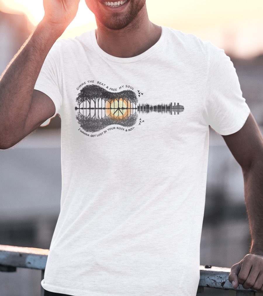 Gimme The Beat And Free My Soul I Wanna Get Lost In Your Rock And Roll Guitar Skyline Sunset T-Shirt