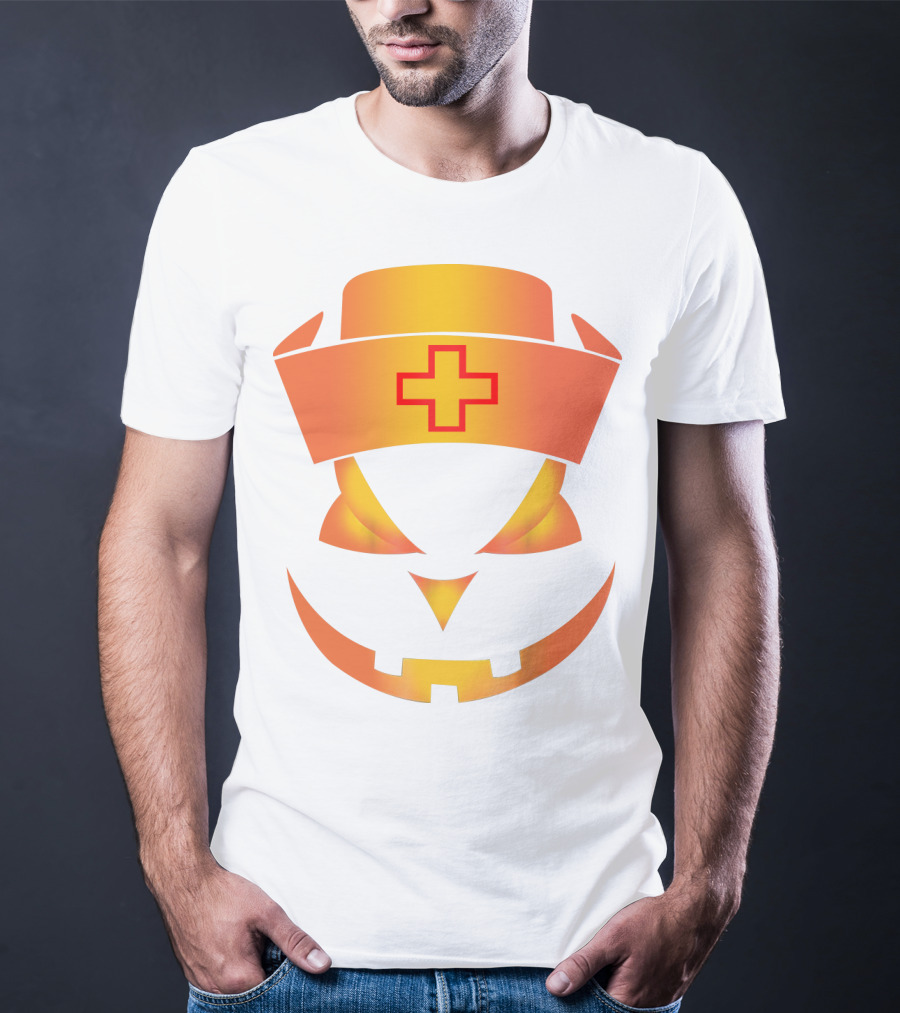Nurse Pumpkin Face With Cross Hat Halloween T-Shirt