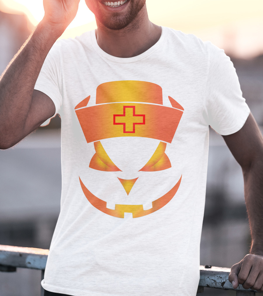 Nurse Pumpkin Face With Cross Hat Halloween T-Shirt