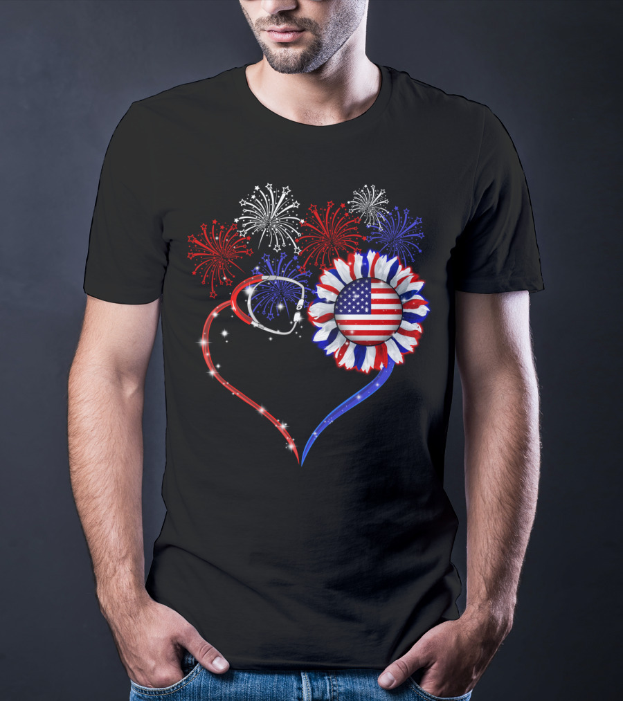 Nurse Patriotic Heart With American Flag And Fireworks T-Shirt