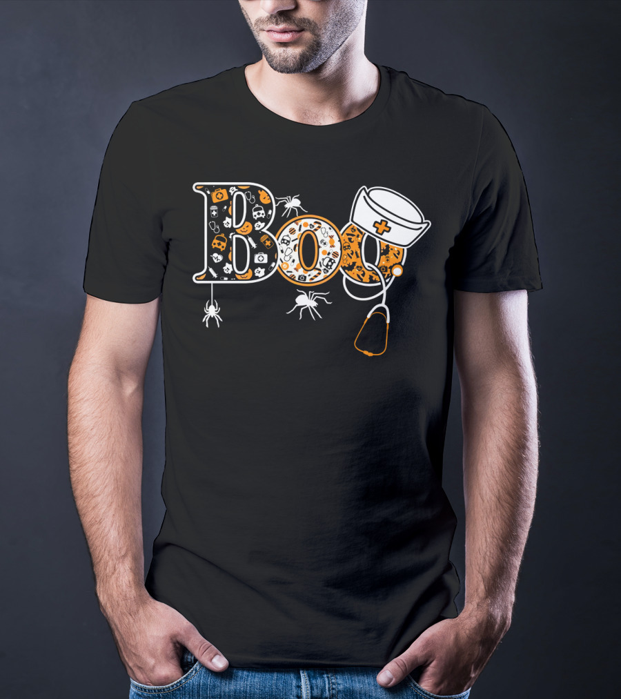 Boo Nurse Halloween Stethoscope Spider Hat T-Shirt