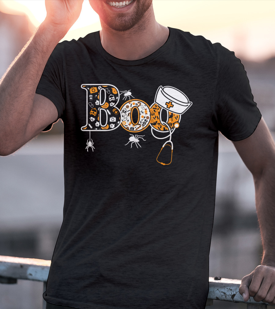 Boo Nurse Halloween Stethoscope Spider Hat T-Shirt