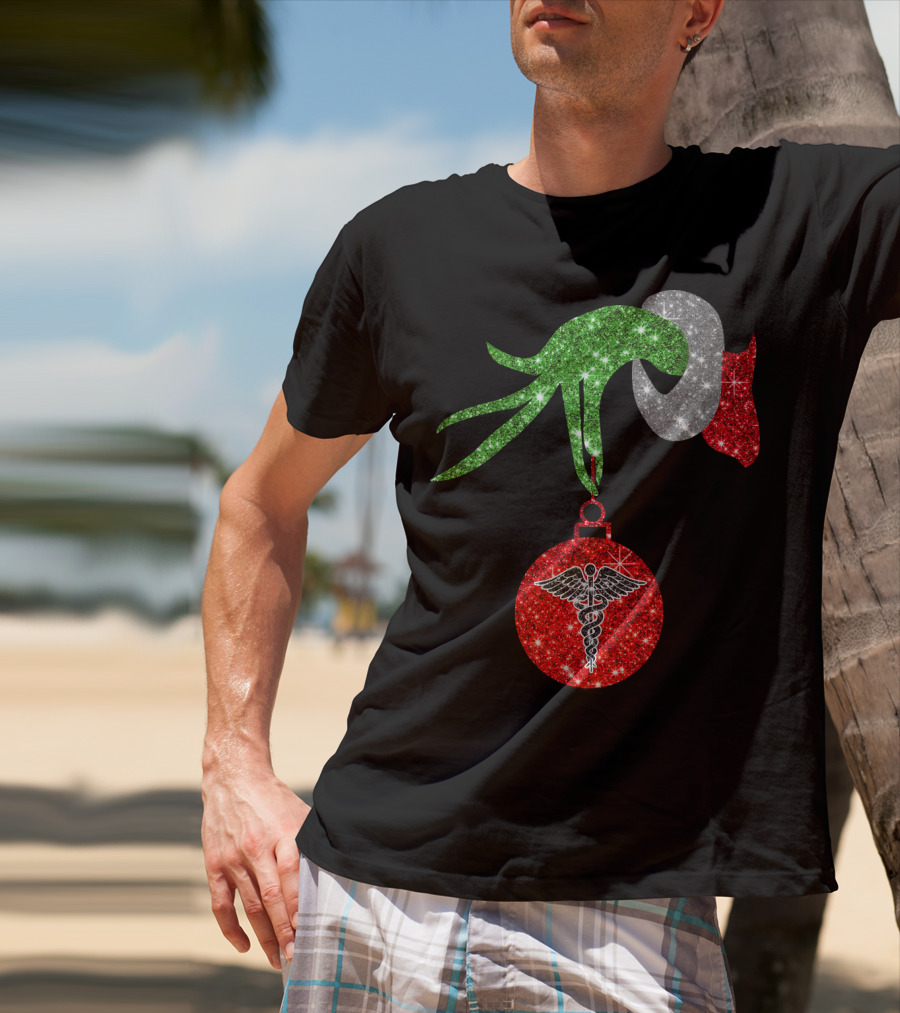 Grinch Hand Holding Caduceus Christmas Ornament Nurse T-Shirt