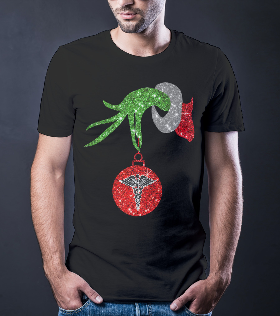 Grinch Hand Holding Caduceus Christmas Ornament Nurse T-Shirt