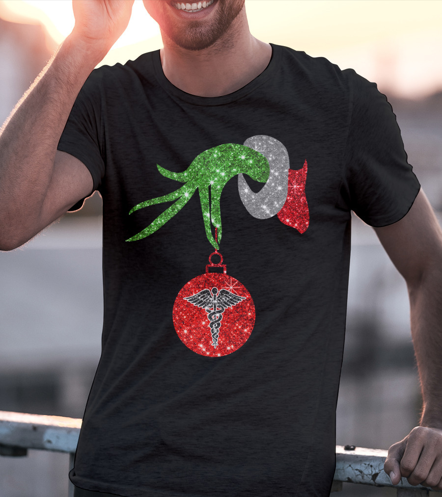 Grinch Hand Holding Caduceus Christmas Ornament Nurse T-Shirt