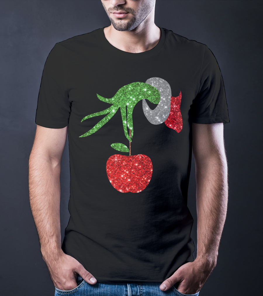 Green Grinch Hand Holding Shiny Red Apple T-Shirt
