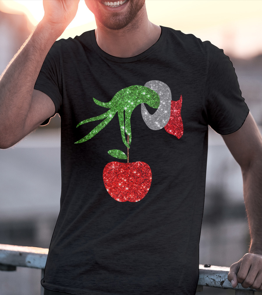 Green Grinch Hand Holding Shiny Red Apple T-Shirt